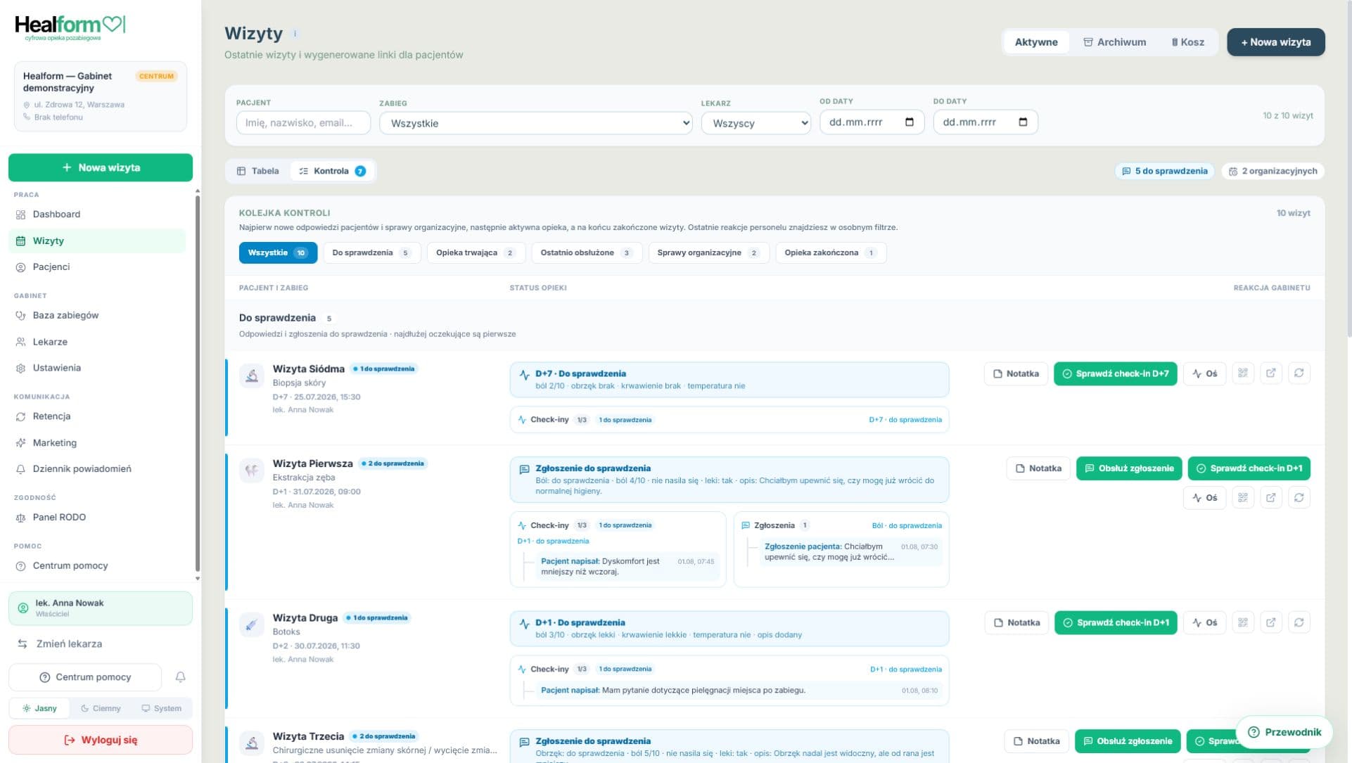 Odpowiedzi z check-inów w panelu Healform